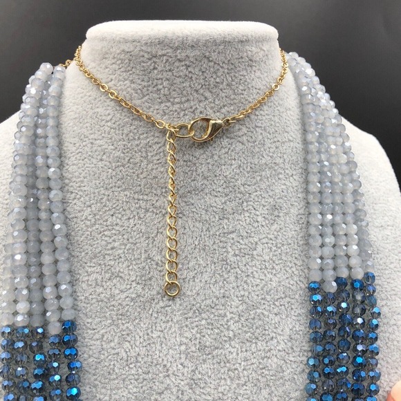 Glass Multi Strand Necklace Long Ombre Blue AB Faceted Bead Boho Gold Tone Chain - Picture 6 of 10
